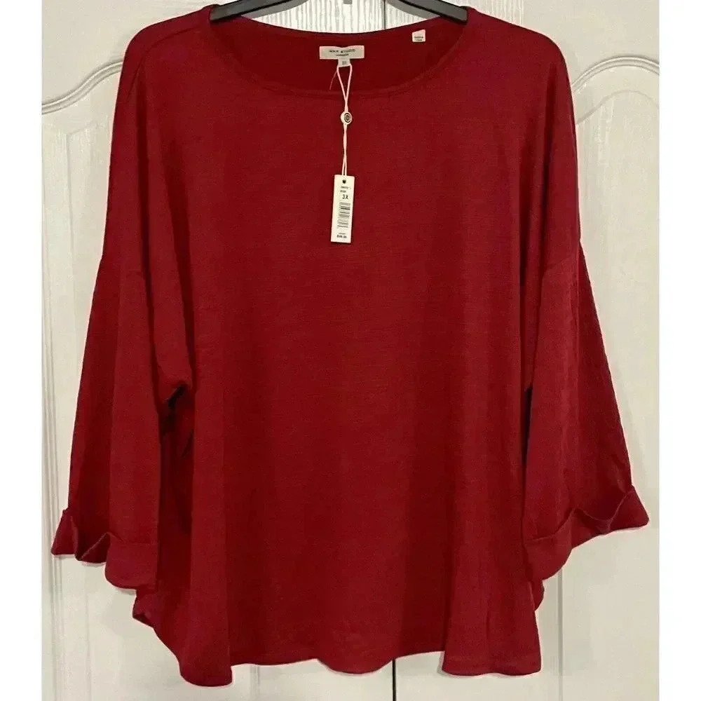 Max‎ Studio Shirt Women's 3XL Ruby Red  3/4 Sleeve Boat Neck Blouse Tee